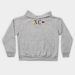 Cross country logo XC with and arrow in Blue and gold colors Kids Hoodie